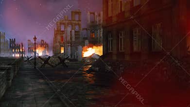 Burning destroyed city in ruins after World War 2