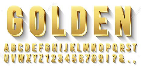 Golden 3D font. Metallic gold letters, luxury typeface and golds alphabet with shadows vector set