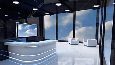 Modern foyer and a television screen with blue sky and clouds
