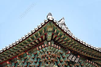 Carved and painted eaves of Bulguksa Temple, Gyeongju, South Korea