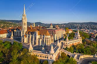 Budapest, Hungary - Aerial drone view of beautiful Matthias Church and Fisherman`s Bastion Halaszbastya