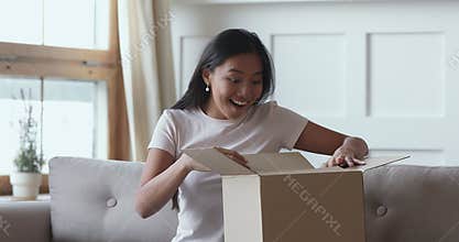 Excited asian female consumer opening parcel box receiving shipment order