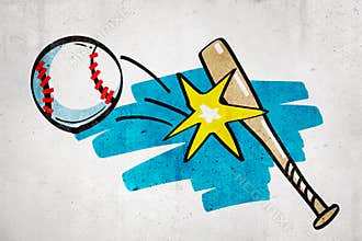 3d rendering of cartoon baseball bat hitting baseball ball on white wall background