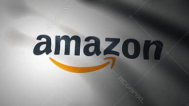 Waving flag with Amazon logo, close-up. Editorial loopable 3D animation