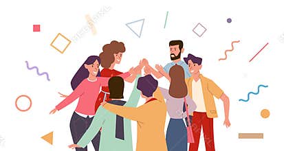 Friends doing high five. Cheerful friends and colleagues give informal greeting. Team people expression joy high five