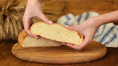 Close-up, Baker Is Controlling A Freshly Baked Bread. Bread production.