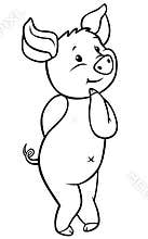 Coloring pages: farm animals. Little cute shy pig stands and smiles.