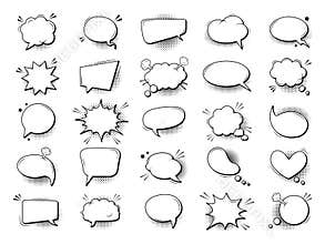 Cartoon talk bubble in comic style. Comic book graphic art speech clouds, thinking bubbles and conversation text