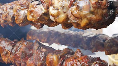 Closeup pork meat on the grill for bbq footage