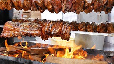 Closeup pork meat on the grill for bbq footage