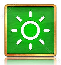 Screen brightness sun icon chalk board green square button slate texture wooden frame concept isolated on white background with