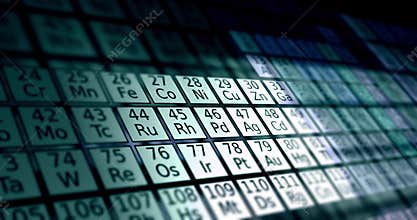 The Periodic Table of Elements passing by the camera in cinematic atmosphere - V1