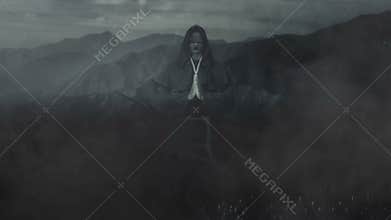 Catholic Blind Monk Holding Hands in Prayer in the Wilderness