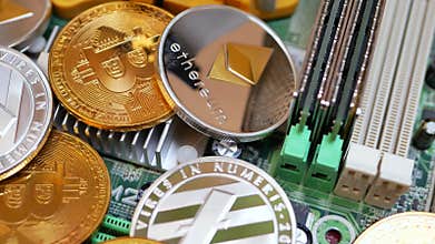 Cryptography Coins Bitcoin, Litecoin and Ethereum