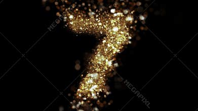 Golden particles number 7 fly into camera. Gold glittering alphabet reveal.