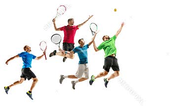 Young caucasian tennis players running and jumping on white background