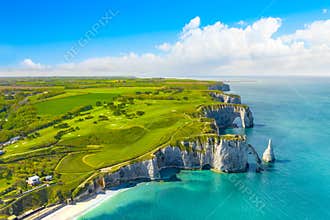 Picturesque panoramic landscape on the cliffs of Etretat. Natural amazing cliffs. Etretat, Normandy, France, La Manche