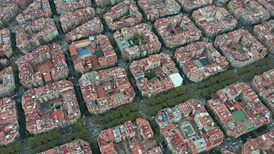 Aerial view. Typical square quarters of Barcelona.