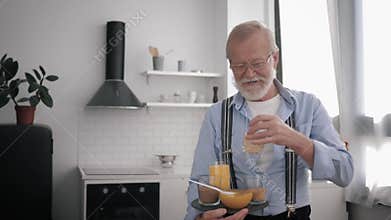 Healthy products, Influencers an elderly man in glasses for eyesight who cares about health talks about cereals holding