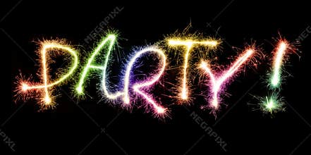 Festive word party made of sparks fireworks