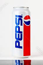 White 500ml big can of Pepsi Cola 1990s, 90s limited edition product object, studio shot. Old pepsi logo, vintage nineties style