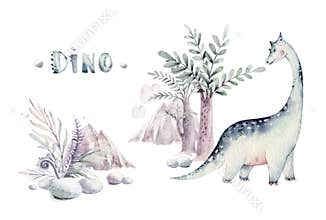 Cute cartoon baby dinosaurs collection watercolor illustration, hand painted dino isolated on a white background for