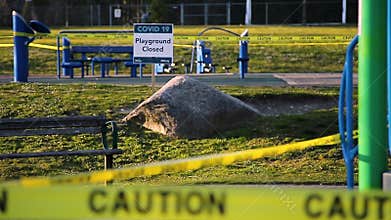 NORTH VANCOUVER, BC, CANADA - APR 7, 2020: A closed off playground in a North Vancouver public park lined with caution