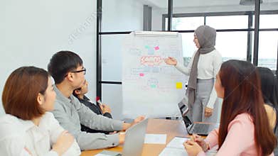 Asian muslim woman lead group of young Asian business creative team in brainstorm meeting presentation