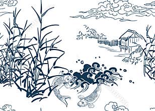 Japanese chinese design sketch ink paint style seamless pattern peasant landsape pond hut bulrush koi fish