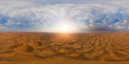 360 panorama by 180 degrees angle seamless panorama of aerial view of red Desert Safari with sand dune in Dubai City, United Arab