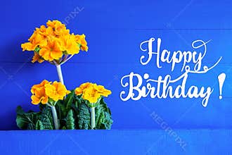 Yellow Spring Flowers, Text Happy Birthday, Blue Background