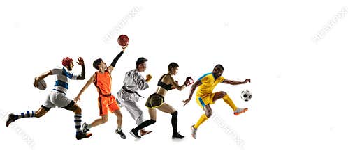 Young and emotional sportsmen running and jumping on white background, flyer with copyspace