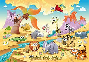 Savannah animal family with background.