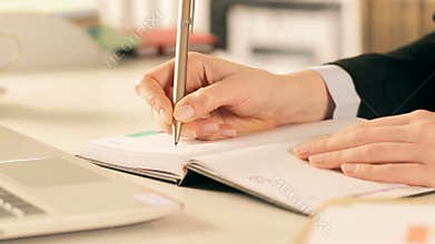 Executive hands writing in paper agenda at office