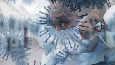 Animation of macro coronavirus Covid-19 cells spreading over an Asian woman putting on a mask