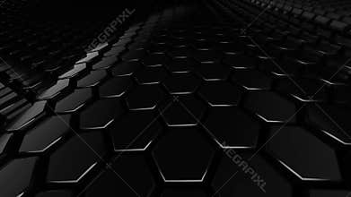 Abstract hexagon black glossy geometric surface loop: wavy motion background