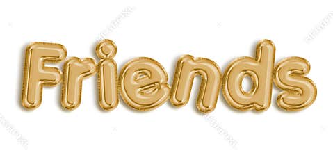 Friends word made of gold balloon letters on white background.
