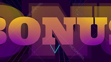 VHS retro animation with appearing neon triangle and text bonus. The grid moves forward. Retro style. Video games from