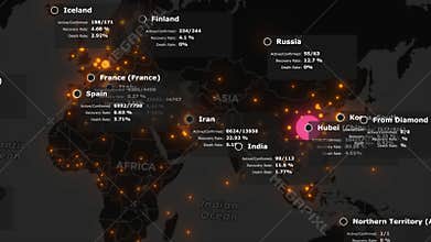 Animated map of spreading of the coronavirus COVID 19 pandemic from wuhan in china across the world. Dark map with