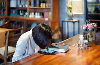 Woman looking at mobile phone alone.