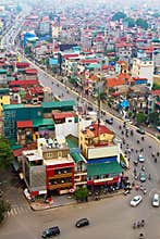 Aerial View of Bustling Street in Hanoi, Vietnam.
