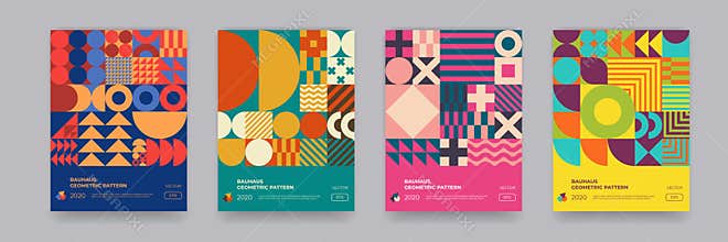 Abstract Bauhaus geometric pattern background, vector circle, triangle and square lines color art design. Colorful Bauhaus pattern