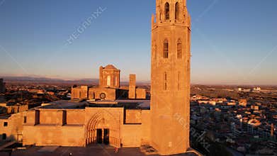 View from drone of Catalan city of Lleida with old medieval 13th century Cathedral of St Mary of La Seu Vella is symbol