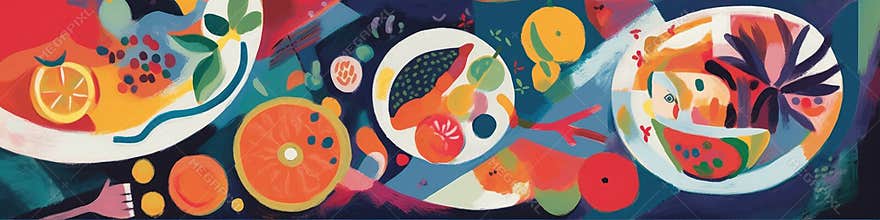 Food, fruits on plates on the table top view horizontal banner
