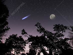 Asteroid or comet DA14 in the night sky scene