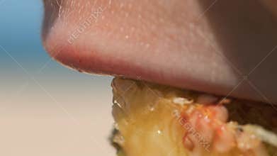 Figs in the hands of a man broken into two parts against the background of the sea. Live a healthy life. Be H3althy