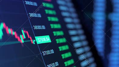 Cryptocurrency stock market and Exchange and bid, offer, volume on display rapid change