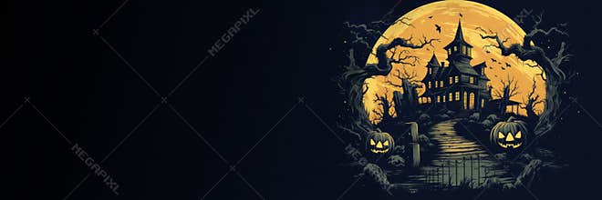 Halloween greeting card with pumpkins and scary house, banner