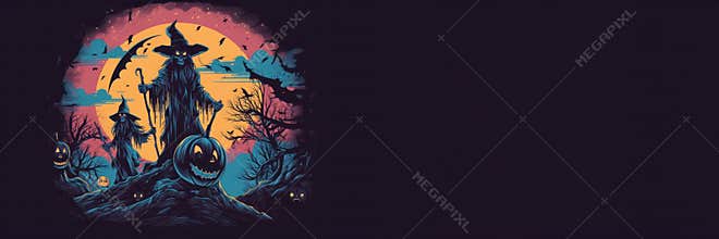 Halloween greeting card with pumpkins and scary house, banner