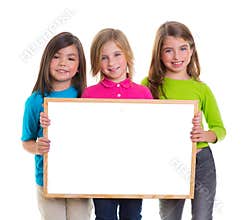Children girls group holding blank white board copy space